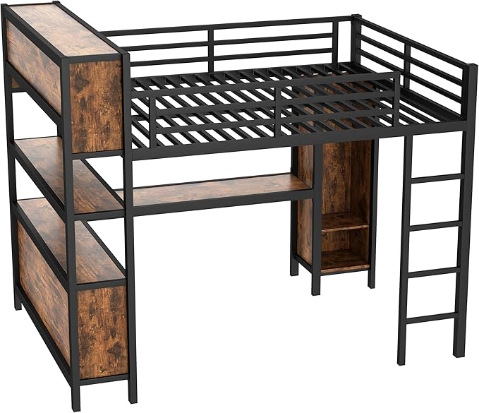 Bellemave Queen Size Loft Bed with Desk, Wardrobe, Storage Cubes and Shelves, Metal Queen Loft Bed Frame for Adults, Kids, Teens, Black and Woodgrain