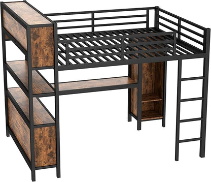 Bellemave Queen Size Loft Bed with Desk, Wardrobe, Storage Cubes and Shelves, Metal Queen Loft Bed Frame for Adults, Kids, Teens, Black and Woodgrain