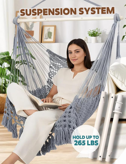 Chihee Hammock Chair Handmade Hanging Chair Cotton Rope Woven Hanging Seat Soft-Spun Large Stretch Hammock Swing, Collapsible Strong Metal Spreader Bar Elegant Macrame Comfort Indoor Outdoor Garden