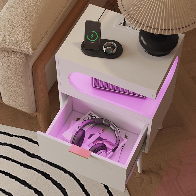 Veegle Nightstand,Modern Bedside Table with Storage Drawer and Open Wood Shelf, Accent Night Stand with Solid Wood Legs for Living Room, Bedroom and Small Spaces,Easy Assembly (White-1)