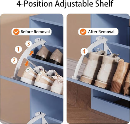Shoe Storage Cabinet, Wood Shoe Organizer for Entryway with 3 Flip Drawers, Freestanding Shoe Rack with Adjustable Shelf, Narrow Shoe Dresser for Front Door Entrance (Blue, Standard 4 Drawers)