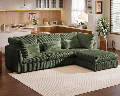 115" Oversized Corduroy Couch Modular Sectional Sofa, Washable Cloud Couch Sectional with Ottoman, 4 Seater Sectional Couches for Living Room, Fully Cover Removable, L Shaped, Plush Corduroy, Green