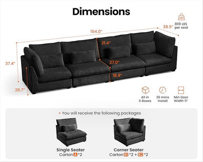 154" Oversized Corduroy Couch Modular Sectional Sofa, Washable Cloud Couch Sectional, 4 Seater Sectional Couches for Living Room, Fully Cover Removable, Basic 4 Seater, Corduroy, Black