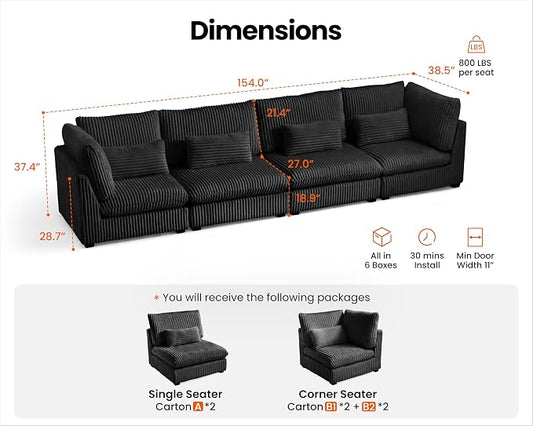 154" Oversized Corduroy Couch Modular Sectional Sofa, Washable Cloud Couch Sectional, 4 Seater Sectional Couches for Living Room, Fully Cover Removable, Basic 4 Seater, Corduroy, Black