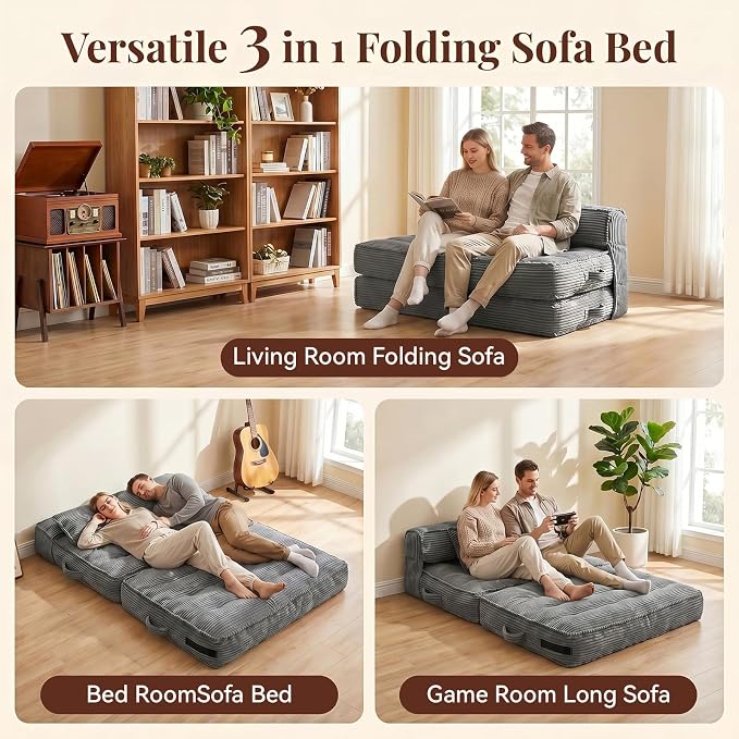 Folding Sofa Bed, Convertible Sleeper Chair with Pillow Foldable Mattress with Back Support, Portable Fold Out Chair Bed Comfy Floor Couch Lounge for Living Room Bedroom Apartment Single