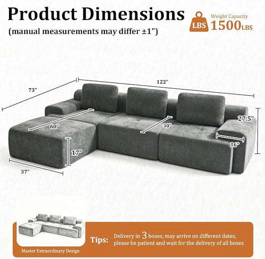 122" L-Shaped Modular Sectional Sofa, Oversized Boneless Cloud Couch for Living Room with Extra Deep Seat & High Back, Tool-Free No Assembly, Soft Chenille (Dark Grey, 122 inch-L Shaped（3+1）)