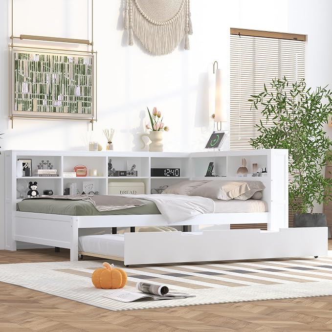 Bellemave Full Corner Bed Frame with Trundle, Wood Full Size Daybed with L-Shaped Bookcase，Daybed with Storage Cabinets, White