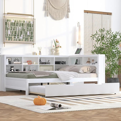 Bellemave Full Corner Bed Frame with Trundle, Wood Full Size Daybed with L-Shaped Bookcase，Daybed with Storage Cabinets, White