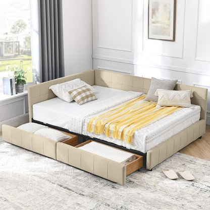 Bellemave Full Size Corner Bed Frame with Storage Drawers, Comfortable Backrest and Armrests, Velvet Tufted Corner Bed Frame Full Size, Upholstered Daybed for Bedroom, Living Room, Guest Room, Beige