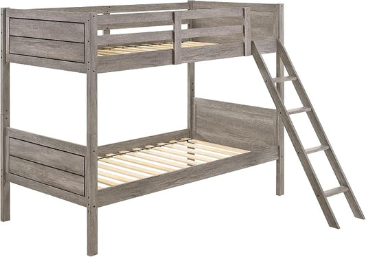Coaster Home Furnishings Ryder Farmhouse Wood Twin Over Twin Size Bunk Bed Frame with Ladder and Guardrails Fully Slatted Mattress Ready Foundation Weathered Taupe 400818 | Wood Construction