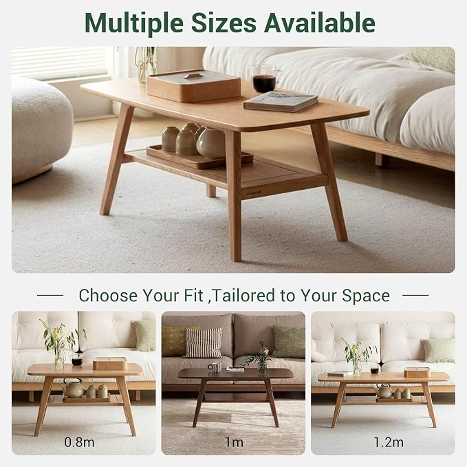 100% Solid Wood Coffee Table for Living Room, 39.37" Mid Century Modern Small Tables with Shelf Storage, 2-Tier Coffee Table with Rounded Corners (Oak Wood Log Color, 39.37" L)