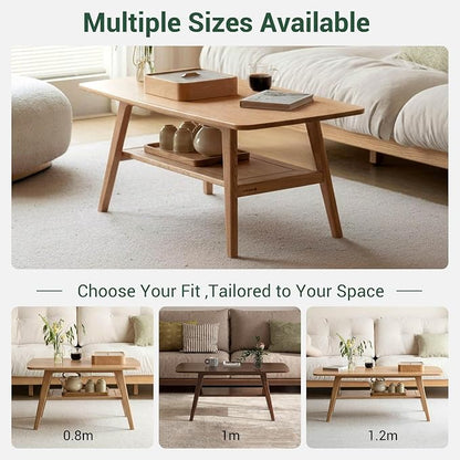 100% Solid Wood Coffee Table for Living Room, 39.37" Mid Century Modern Small Tables with Shelf Storage, 2-Tier Coffee Table with Rounded Corners (Oak Wood Log Color, 39.37" L)