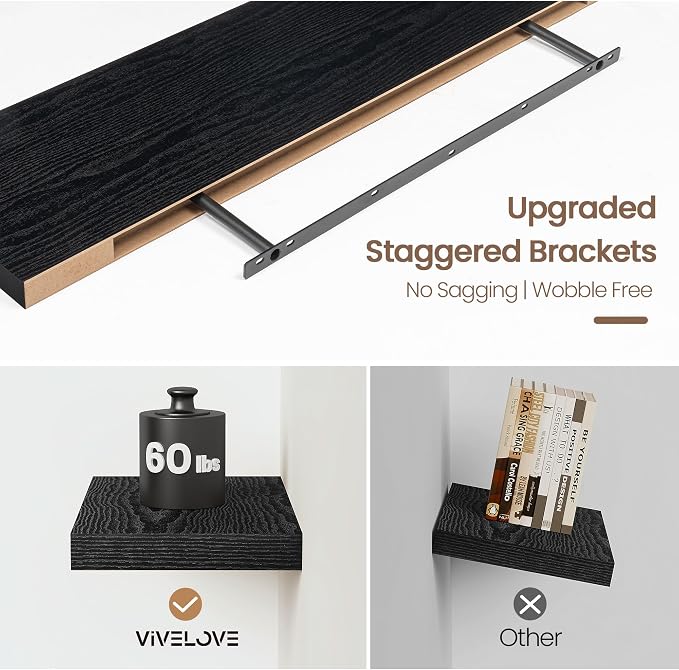 Vivelove 55 Inch Floating Shelves, Deep Wall Shelves with Invisible Brackets, Display Shlf for Bathroom Living Room Kitchen Bedroom Office Farmhouse Home Decor, 55" X 9.3" X 1.5" - Set of 2, Black