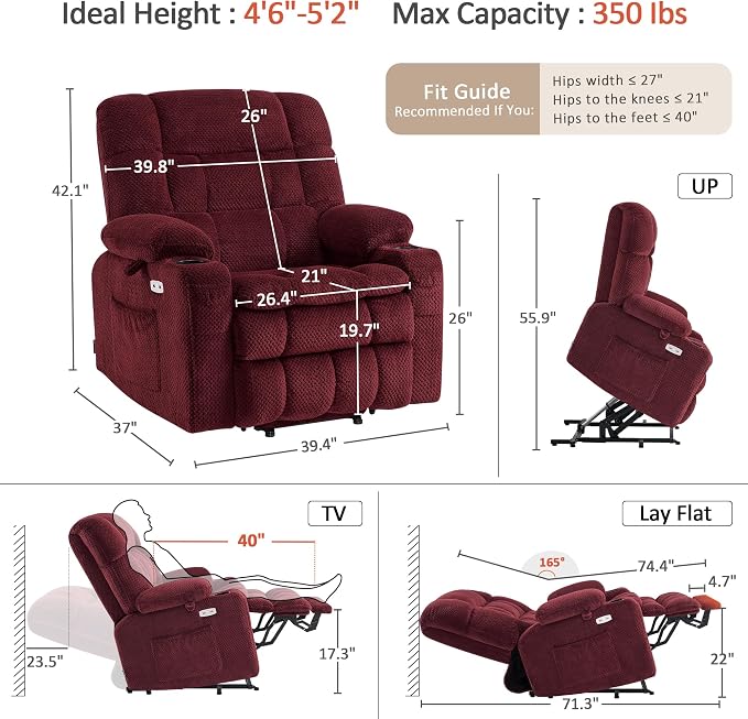 MCombo Small Dual Motor Power Lift Recliner Chair for Elderly, Zero Gravity Lift Chair with Heat and Massage, Lay Flat Recliner for Petite, USB Ports, Fabric R7894 (Small-Wide, Burgundy)