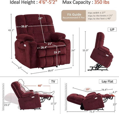 MCombo Small Dual Motor Power Lift Recliner Chair for Elderly, Zero Gravity Lift Chair with Heat and Massage, Lay Flat Recliner for Petite, USB Ports, Fabric R7894 (Small-Wide, Burgundy)
