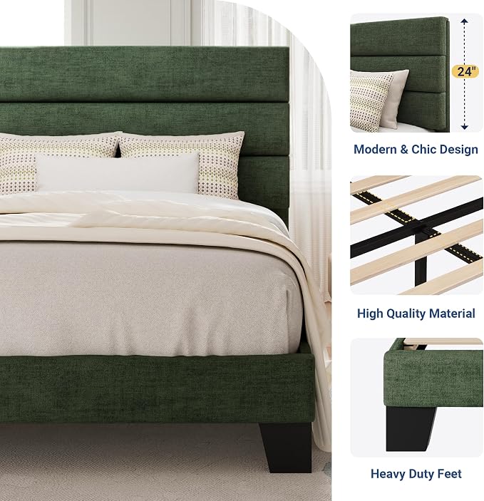 Allewie Twin Size Platform Bed Frame with Fabric Upholstered Headboard and Wooden Slats Support, Fully Upholstered Mattress Foundation/No Box Spring Needed/Easy Assembly, Green