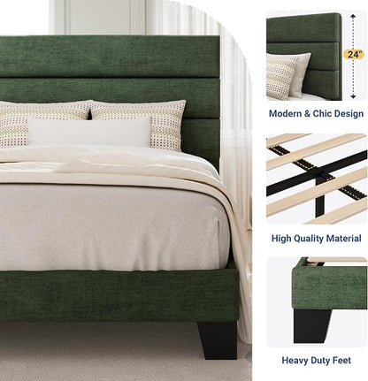 Allewie Twin Size Platform Bed Frame with Fabric Upholstered Headboard and Wooden Slats Support, Fully Upholstered Mattress Foundation/No Box Spring Needed/Easy Assembly, Green