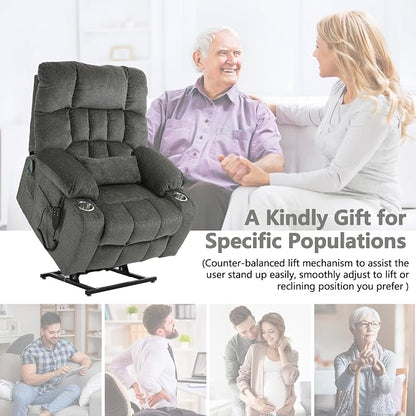 JIKFRIMA Power Lift Recliner Chair for Elderly, Dual Motor Lift Chair with Heat and Massage, Lay Flat Lift Chair for Adults, Cup Holders, Lumbar Pillow, Chenille,Dark Grey