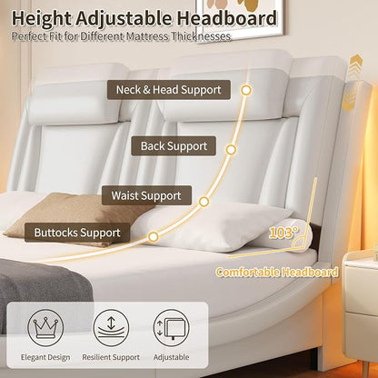 Keyluv King Size LED Bed Frame with Adjustable Headboard & Wave-Like Curve Safety Design, PU Leather Upholstered Platform Bed, Solid Wooden Slats Support, Easy Assembly, White