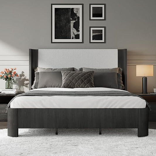 King Size Upholstered Platform Bed Frame with Wingback Headboard, Motion-Sensing LED Lights, Sturdy Slats, Mattress-Lock Footboard, PU Leather,No Box Spring Needed, Easy Assembly, Dark Grey Oak