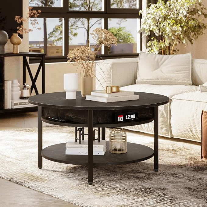 FABATO Round Lift Top Coffee Table with Storage and Hidden Compartment, 26.77'' Farmhouse Coffee Table for Living Room Reception Room, 2 Tier Small Round Coffee Table Circle Dining Table, Black Oak | Lift Top