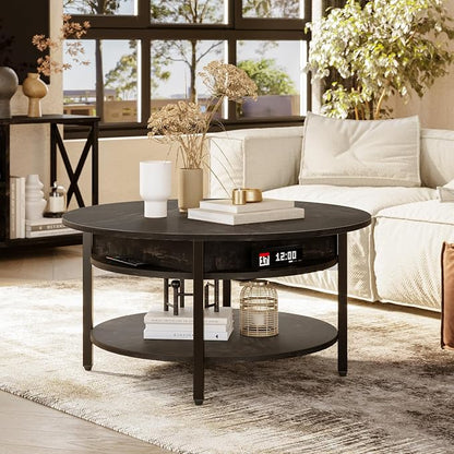 FABATO Round Lift Top Coffee Table with Storage and Hidden Compartment, 26.77'' Farmhouse Coffee Table for Living Room Reception Room, 2 Tier Small Round Coffee Table Circle Dining Table, Black Oak | Lift Top