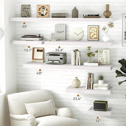 Vivelove White Floating Shelves 12 Inches Deep, 48x12 Floating Shelves for Wall with Invisible Brackets, Room Shelves for Living Room Bedroom Kitchen Office, Set of 2