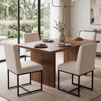 CIMOTA Modern Linen Dining Chair Set of 4, Mid Century Dining Room Chairs Fabric Upholstered Armless Side Chair with Black Sled Base for Dining Room, White Cream 4PCS