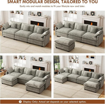 WorthFurni 111.4” Modular Sectional Sofa, U Shape Cloud Couch with 2 Movable Ottoman, Comfy Chenille Deep Seat Sofa with Soft Pillows for Apartment Living Room Bedroom（Grey）