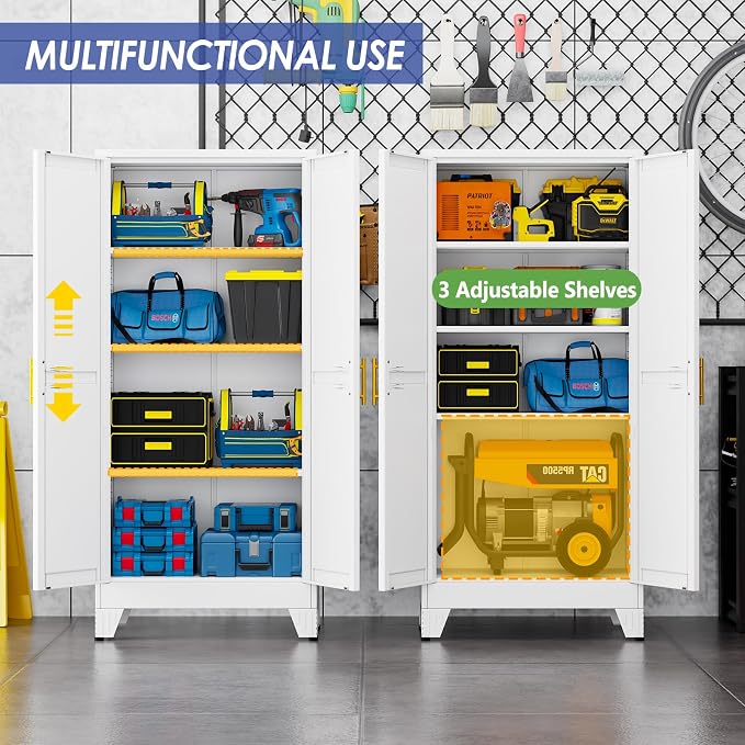 61" Metal Garage Storage Cabinet with 2 Doors and 3 Adjustable Shelves,Metal Storage Cabinets,Steel Tool Cabinets for Home,Office,Garage,Warehouse(White, 61''H x 27''W x 14''D)