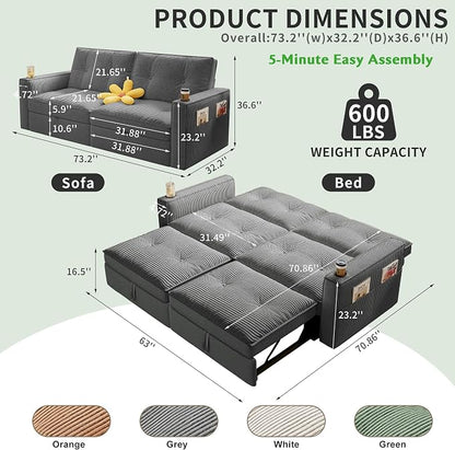 73.2'' Futon Sofa Bed Full Size, Pre-Assembled Pull Out Couch, Adjustable Backrest, Corduroy Convertible Sleeper Sofa, 2 Cup Holders, USB, Pockets, Loveseat for Living Room, Apartment, Grey | Soft Material