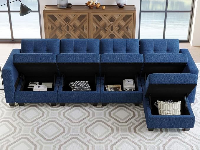 Belffin Blue L Shape 5 Seat Sofa with Storage, Reversible Chaise, Modern Sectional Cotton Polyester Wood Sofa