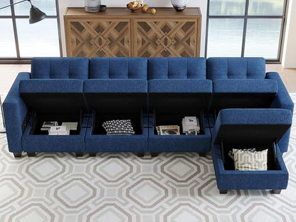 Belffin Blue L Shape 5 Seat Sofa with Storage, Reversible Chaise, Modern Sectional Cotton Polyester Wood Sofa