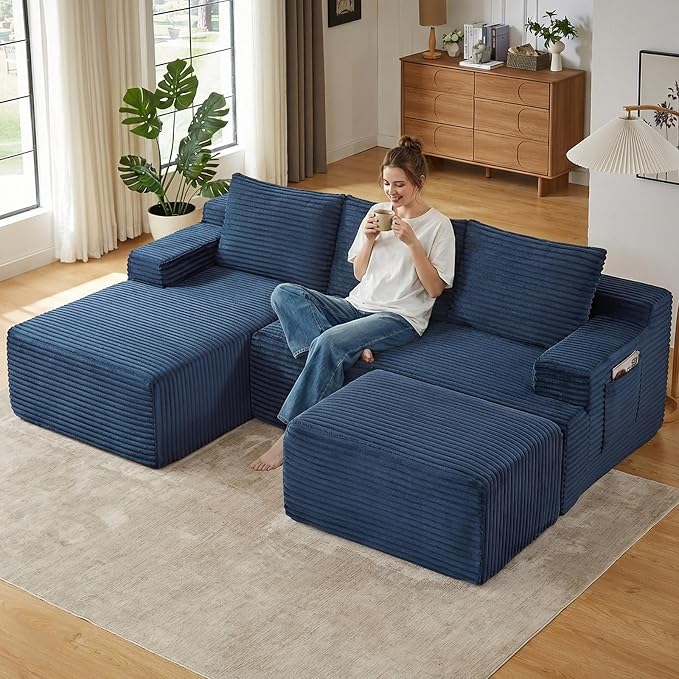 96" Cloud Sectional Couch U-Shaped Chaise with Ottoman, Corduroy Boneless Couch for Living Room Bedroom, Deep-Seat Upholstered Modular Cloud Sofa, No Assembly Required (Blue, Left Facing Chaise)