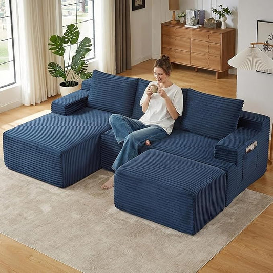 96" Cloud Sectional Couch U-Shaped Chaise with Ottoman, Corduroy Boneless Couch for Living Room Bedroom, Deep-Seat Upholstered Modular Cloud Sofa, No Assembly Required (Blue, Left Facing Chaise)