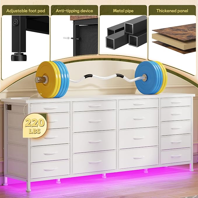 EnHomee 63" W White TV Stand for Living Room, 18 Drawers, LED & Charging | Long Dresser for 65"-75" TV, Deep Drawer, Spacious Storage, Drawers Glide, No Wobbling, Anti-tip, Easy Assembly, Wipes Clean