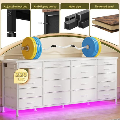 EnHomee 63" W White TV Stand for Living Room, 18 Drawers, LED & Charging | Long Dresser for 65"-75" TV, Deep Drawer, Spacious Storage, Drawers Glide, No Wobbling, Anti-tip, Easy Assembly, Wipes Clean