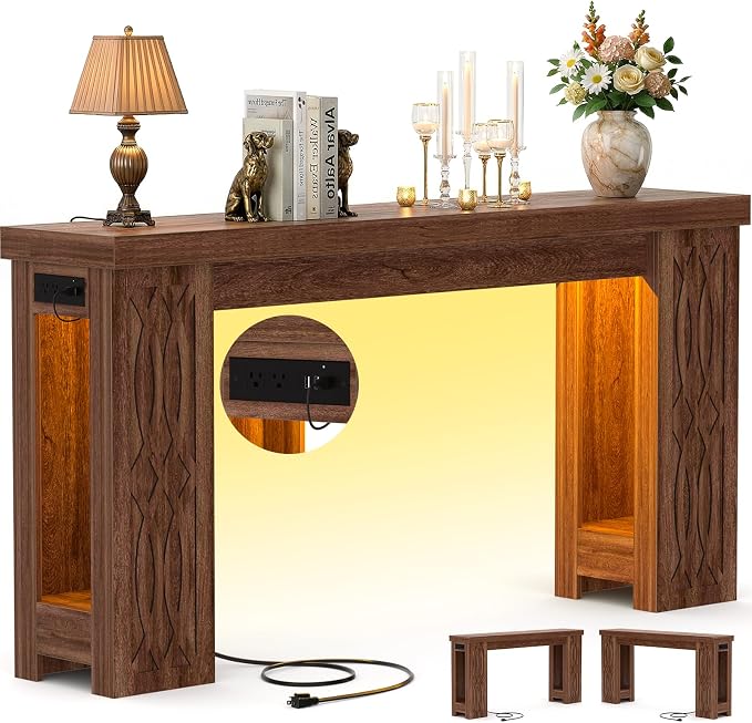 Cyclysio 47" Console Table with Outlet, Farmhouse Entryway Table with Colorful LED Lights, Wooden Sofa Table with Unique Carved Design, Foyer Accent Table for Entrance, Hallway, Living Room