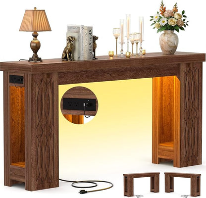 Cyclysio 47" Console Table with Outlet, Farmhouse Entryway Table with Colorful LED Lights, Wooden Sofa Table with Unique Carved Design, Foyer Accent Table for Entrance, Hallway, Living Room