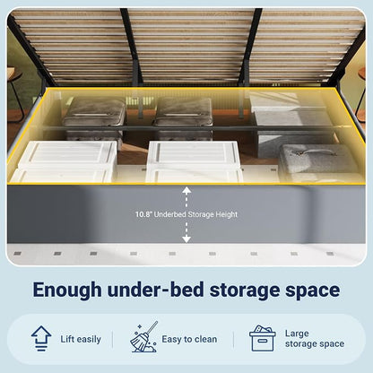 Allewie King Size Lift Up Storage Bed Frame with Charging Station & LED Lights, Adjustable Velvet Upholstered Storage Headboard, Type-C & USB Ports, Hydraulic Support, No Box Spring Needed, Grey