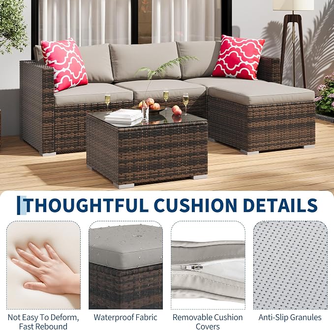 GAOMON 5-Piece All-Weather Patio Furniture Set, Convertible Outdoor Sectional Sofa with Ottoman & Tempered Glass Table, PE Rattan Conversation Set for Garden, Backyard, Porch, Poolside