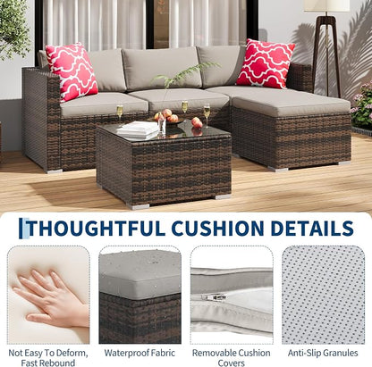 5 Piece Outdoor Patio Furniture Set, Rattan Deck Conversation Sofa Set with Non-Slip Cushions, All-Weather Sectional Sofa with Glass Storage Table and Balcony Footstool, Poolside, Garden, Brown+Gray