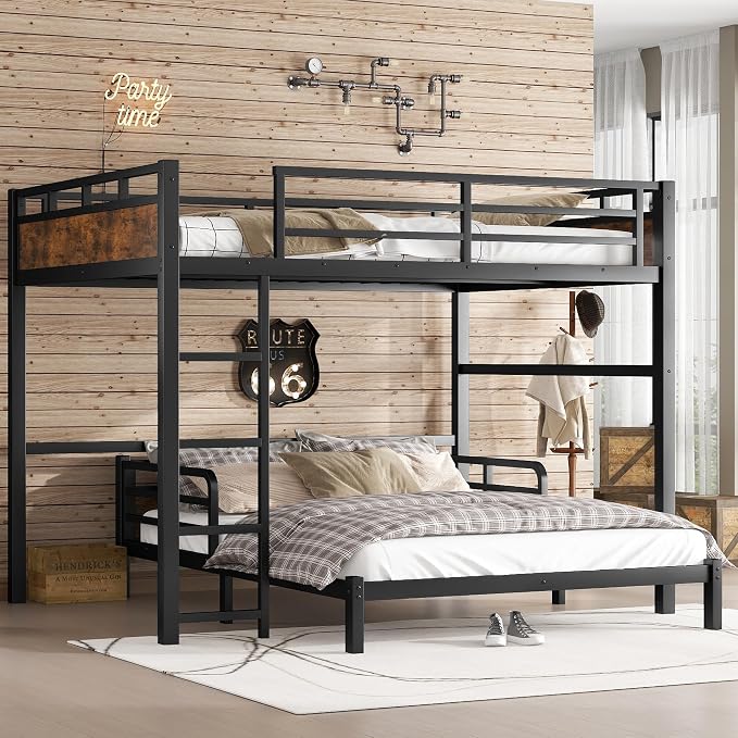 Queen Over Queen Metal Bunk Bed, Heavy Duty Convertible Bunk Bed Frame with Headboard & Full Guardrails, Can Be Split into Two Platform Beds or Loft Bed, Vintage