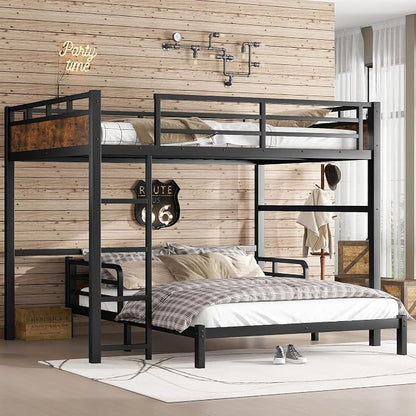 Queen Over Queen Metal Bunk Bed, Heavy Duty Convertible Bunk Bed Frame with Headboard & Full Guardrails, Can Be Split into Two Platform Beds or Loft Bed, Vintage