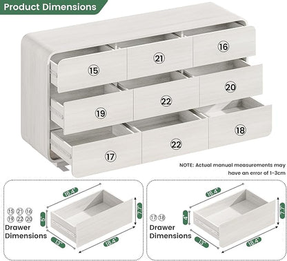 Standifurno White Dressers of 9 Drawers, Chest Dresser with Deep Drawers, Modern Dresser Closet for Bedroom, Curved Drawer with Large Storage, 57'' Wide