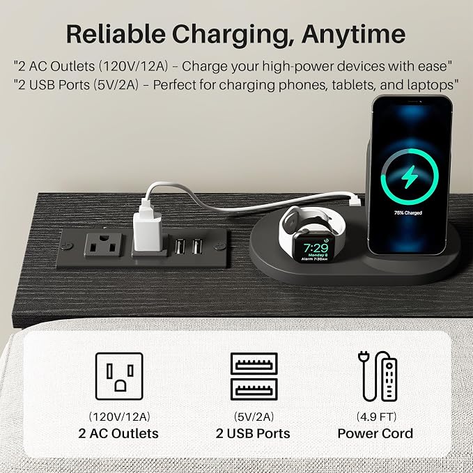 Kitstorack Narrow Sofa Table with Charging Station, 78.8" Behind Couch Table, Adjustable 24.4"-32.7" Height, Modular 2-piece Design for sectionals, entryways, Apartments, and Narrow Living Spaces