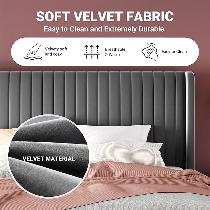 Allewie King Size Velvet Bed Frame/Vertical Channel Tufted Wingback Headboard/Upholstered Platform Bed/No Box Spring Needed/Strong Wooden Slats/Easy Assembly/Grey