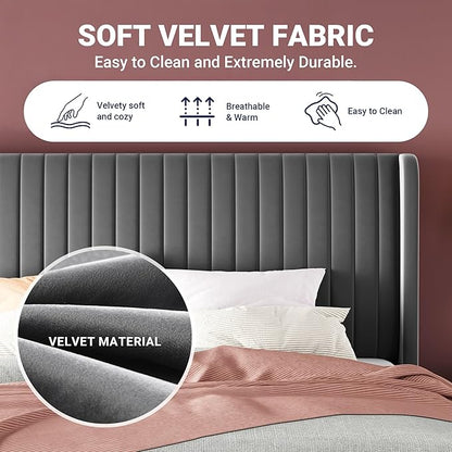 Allewie King Size Velvet Bed Frame/Vertical Channel Tufted Wingback Headboard/Upholstered Platform Bed/No Box Spring Needed/Strong Wooden Slats/Easy Assembly/Grey