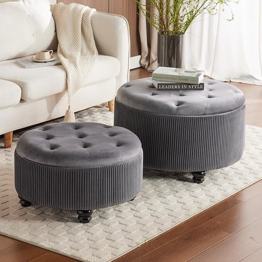 29&24.5inch Large Round Storage Ottoman Coffee Table Set of 2 Modern Button Storage Coffee Table with Removable Lid for Living Room Upholstered Footrest Stool for Bedroom (Large-Grey)
