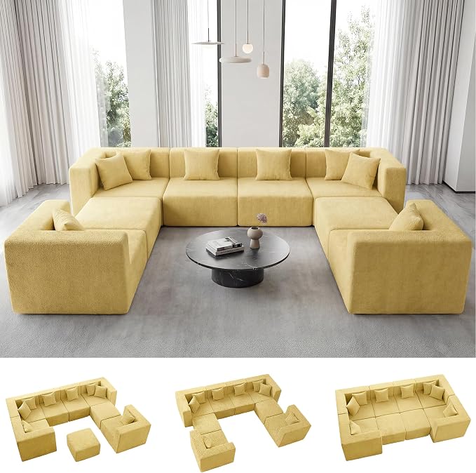 MONVANE Modular Sectional Sofa, Oversized 8 Seat Convertible U Shaped Couch with Ottoman, Comfy Teddy Velvet Cloud Couch with Deep Seat, Sectional Couches for Living Room, No Assembly Required, Yellow